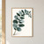 A softly painted eucalyptus-like branch with rounded blue-green leaves and small dark seed pods on a warm white background.; frame shown for styling only