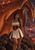 A woman in a pale dress stands beside a large reddish-brown dragon in a volcanic landscape beneath its arching wing.
