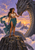 A woman in a teal skirt touches the head of a large dark dragon on a mountain pinnacle at sunset.