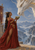 Horn-crowned woman in a flowing red gown offers a bowl to a large white dragon on a terrace above a mountain river valley.