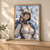 Dark-haired armored woman touching a large white helmet with translucent dragonfly-like wings against a bright cloud-filled cityscape.; frame shown for styling only