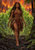 Woman in leaf- and bark-like attire walking through a green forest with bright flames behind the trees.