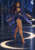 Dark-haired woman in violet and navy stepping across glowing crescent-like floor markings in a moonlit observatory.