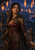 Dark-haired woman ranger in brown armor holding a bow before a burning forest at night.