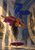 Inverted woman in a blue-and-gold outfit and magenta cape floats in an ornate interior beside a hovering cushion and treasure.