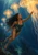 Dark-haired woman in a green swimsuit floats underwater, reaching toward glowing amber jellyfish above a darker reef.