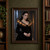 Woman in a black gown with an oversized segmented reflective ruff stands in a dim stone interior beside a narrow blue-lit window.; frame shown for styling only