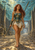 Red-haired woman carrying a spear through a submerged stone corridor beneath blue water.