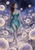 A pointed-ear woman in a teal petal-like dress walks through a moonlit field of glowing spherical plants beneath a starry sky.