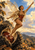 Winged woman in a leaf-and-flower costume leaping from an open chestnut burr with autumn trees and mountains behind.