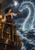 Curly-haired woman on an ornate ship points a rapier toward a translucent sea serpent beneath a full moon.