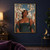 Painterly portrait of a horned woman in a dark teal dress before weathered stone arches and a cloudy sky.; frame shown for styling only