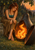 Seated horned woman beside a fire-filled metal vessel under a pear tree, with a sunset cityscape in the distance.