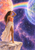 Woman in a flowing wrap gazes toward planets and a rainbow across a starry cosmic sky.