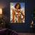 Dark-haired woman in gold and blue with faceted cloud-filled forms above a sunlit city and cloudscape.; frame shown for styling only