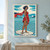 Dark-skinned woman in a red dress and trailing scarf stands barefoot in striped tidal water beneath a low sun.; frame shown for styling only