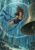 Red-haired woman swimming beside a large bronze bell inside a submerged ruined chapel, with fish and arched windows in blue-green water.