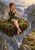 Red-haired woman in a dark green dress seated barefoot on a floating moss-covered island above a waterfall, facing a distant castle.