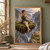 Red-haired woman in a dark green dress seated barefoot on a floating moss-covered island above a waterfall, facing a distant castle.; frame shown for styling only