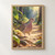 Brown-pink dove with one foot raised on a sunlit woodland path, facing a small flying insect amid green leaves and shaded trees.; frame shown for styling only