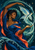 Adult woman in flowing blue and coral drapery gestures toward a luminous flying fish encircled by aqua water.
