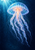 Luminous blue-violet jellyfish with a translucent bell and trailing filaments in dark water, with a light shaft and small fish below.