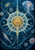 Luminous turquoise radial lattice sphere with an amber center surrounded by small plankton-like forms against a deep navy-blue field.