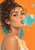 Close portrait of a woman with dark wind-swept curls blowing a large translucent turquoise bubble against an orange background with teal accents.