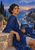 Woman in a cobalt wrap seated on a stone terrace, holding a rosemary sprig as cypress trees, coastal water, and sunset surround her.
