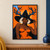 Dark-skinned woman with short white hair wearing an antlered black pointed hat and orange corset against an orange field with blue lightning.; frame shown for styling only