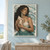 Dark-haired woman holding a large conch against curling waves, seabirds and a distant coast.; frame shown for styling only