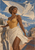 Woman in a gold bodice on a stone terrace above the sea, with a giant pale manta-like creature gliding across the sky.
