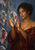 Woman in a burgundy gown studying a suspended cluster of colorful frost-covered leaves in a cool blue-gray fantasy scene.