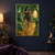 Dark-haired woman in a plum outfit walking barefoot through a glossy emerald-and-gold tunnel with a round decorated shield.; frame shown for styling only