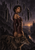 Dark-clad woman standing behind a large dark wolf, framed by floating black shards, distant castles, a river, and a sunset.