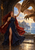 Red-haired woman in a dark blue gown and red cape facing a bronze-brown dragon at a stone arch above a coastal city.