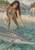 Dark-haired woman in turquoise and pale draped clothing reaching toward a large sturgeon-like fish in a clear mountain river.