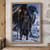 Horned armored woman with a spear beside an enormous dark bird in a snowy landscape with icy cliffs and a distant castle.; frame shown for styling only