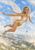 Winged blonde fairy in a pale petal-like outfit flying among oversized dandelion seed heads and drifting seeds above a green landscape.