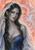 A gray-skinned, pointed-eared fantasy woman with blue jewelry is framed by a sheer veil containing a translucent spider-like form.