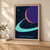 Geometric space poster titled Orbit Window, with a cropped violet disk, coral crescent, sweeping aqua arc and small gold dot on navy.; frame shown for styling only