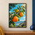 Small yellow-and-black garden bird on a diagonal orange branch with three oranges, glossy leaves, blossoms, and rain droplets.; frame shown for styling only