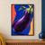 Glossy purple aubergine with green stem, leaf, and droplets sweeping diagonally across a blue, coral, and apricot background.; frame shown for styling only