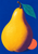 Oversized golden-yellow pear with a teal leaf and curved stem against an ultramarine background, with a plum shadow and coral circle.