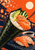 Large temaki cone filled with rice, salmon, cucumber, and avocado, with nigiri, dipping bowl, lantern-lit buildings, and blossoms.
