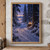 Snowy trail winding through dark conifers toward a misty mountain clearing, with a glowing amber lantern on a stump at the path's bend.; frame shown for styling only