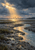 A winding reflective channel crosses a dark wetland beneath storm clouds, with golden sunlight on the water and small birds flying near the horizon.