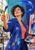 An adult woman artist in a blue jacket and coral shirt raises an orange-handled brush beneath a looping ribbon of blue paint in her studio.
