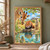 A giraffe leans toward a red panda and an upright meerkat beside a reflective pool framed by rocks, reeds, and leafy branches.; frame shown for styling only