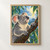 Illustrated koala clinging to a slanting eucalyptus branch and looking up at a hanging droplet, with green leaves and rainlit sky.; frame shown for styling only